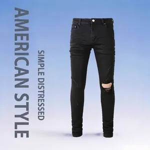 Herren High Street Slim Fit Zerrissene Jeans Baumwolle Denim Gewaschen Distressed Bleistifthose Schwarz Streetwear Hose