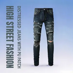 Men Slim Fit Ripped Denim Jeans Biker Style High Street Casual Pants With PU Patches Distressed Wash Solid Color Men Jeans
