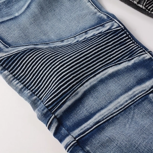 High street slim fit biker jeans for men featuring pleated patchwork and light blue wash