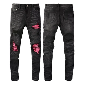 Jeans Déchiré Slim Fit pour Hommes Avec Patchwork en Maille Rose Pantalon en Denim Délavé Distressed Streetwear Hip Hop Skinny