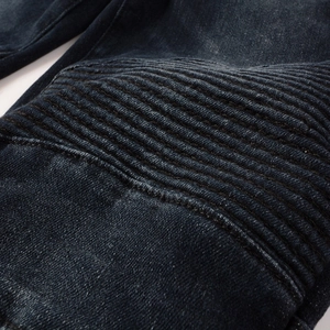 Slim fit biker jeans for men with biker-style pleated knee details and stretch denim fabric