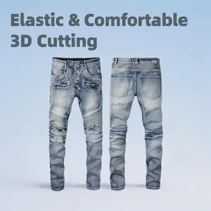 Jeans Moto pour Hommes Denim Extensible Ajusté Déchiré Avec Poches à Fermeture Éclair Et Détails Plissés Bleu Clair