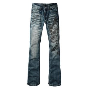 Men Fashion Micro Flare Jeans Trendy Slim Fit Washed Distressed Denim Pants Cat Whisker Streetwear Patchwork Long Trousers