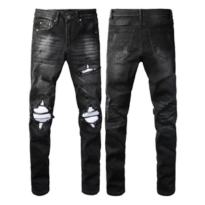 Men's Streetwear Distressed Ripped Jeans Washed Black Skinny Fit Cotton Denim Pants With Patchwork For Casual Daily Wear