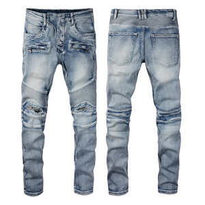 Jean moto bleu clair coupe ajustée avec genoux usés et détails de coutures côtelées