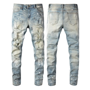 Men Slim Fit Distressed Jeans Cotton Denim Paint Splatter Ripped Retro Hip Hop Streetwear Fashion Light Blue Pencil Pants