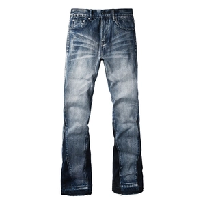 Men's retro washed denim jeans with slim flare fit and trendy patchwork hem design