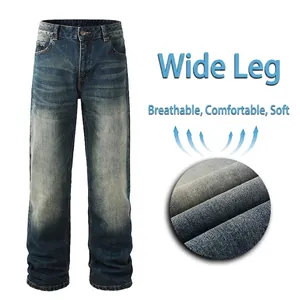 Men Plus Size Jeans Heavy Washed Cotton Stretch Denim Pants Loose Straight Leg Casual Trousers For Big And Tall Men