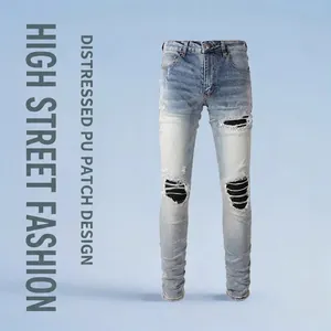 Men High Street Light Blue Distressed Jeans Slim Fit Ripped Denim Pants With PU Ribbed Patches For Casual Everyday Wear