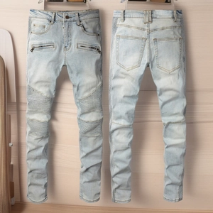 Men's light blue slim fit moto jeans with ribbed panels and zipper details
