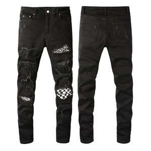 Men's Distressed Slim Fit Ripped Denim Jeans With Rhinestone Studs Bone Pattern Checkered Patches Streetwear Black Pants