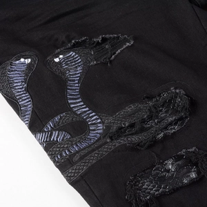 Black distressed denim jeans with high-quality purple cobra embroidery and leather texture