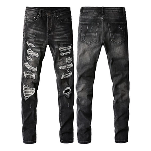 Jeans Slim Fit Déchiré pour Hommes Pantalon en Denim Lavé Avec Patchs Cachemire Streetwear Pantalon Skinny Gris Noir