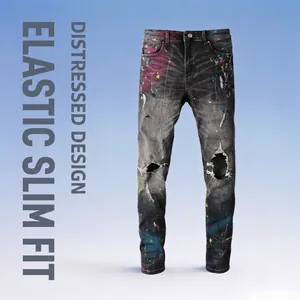 Men High Street Distressed Ripped Jeans Skinny Fit Stretch Denim Splatter Paint Graffiti Pants Washed Black Gray Streetwear