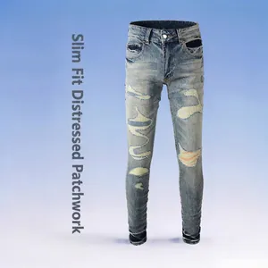 Jean Slim Fit Déchiré Patchwork pour Homme Bleu Clair Délavé Denim High Street Casual Streetwear Mode Pantalon en Denim
