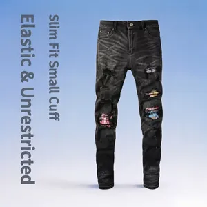 Men's Slim Fit Stretchy Ripped Jeans Distressed Patchwork Graffiti Denim Pants Washed Skinny Streetwear Casual Trousers