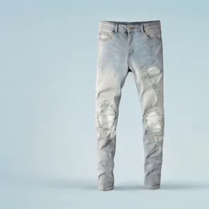 Herren Distressed Ripped Denim Jeans Slim Fit Stretch Baumwolle Biker Stil Hellblau Gewaschen Vintage Hose Für Streetwear Casual