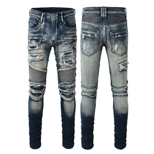 Men's vintage wash biker jeans with knee pleats, distressed rips and metal zippers