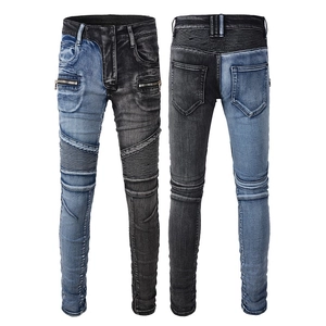 Men's slim-fit biker jeans with blue-grey patchwork and pleated stitching detail