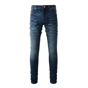 Jean slim pour homme bleu foncé extensible avec délavage vintage et textures moustaches