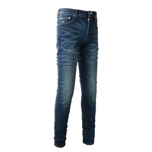 Jean stretch coupe slim pour homme bleu foncé avec délavage vintage et moustaches