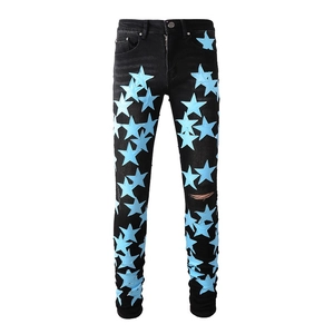 Jeans in Denim Strappati Slim Fit High Street American Streetwear Da Uomo Con Toppe In Pelle A Stella Colorate Pantaloni Lavati
