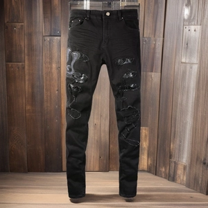 Jeans Décontractés pour Hommes High Street Brodés Cobra Coupe Slim Denim Déchiré Streetwear Pantalons Longs Noirs Style Casual