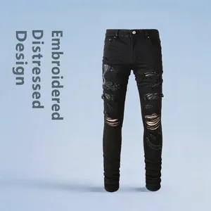 Men Streetwear Ripped Skinny Jeans Snake Embroidery Distressed Black Cotton Blend Stretch Denim Pants For Men Trend
