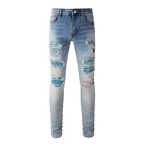 Men's Skinny Ripped Jeans Streetwear Distressed Slim Fit Light Blue Denim Pants With Patchwork Rhinestone Fashion Trousers