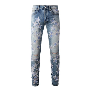 Herren High Street Star Patch Ripped Jeans Baumwolle Stretch Denim Slim Fit Distressed Karo Star Jeans Für Herren Streetwear