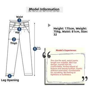Detailed size guide for men's distressed jeans featuring fit specs and measurement diagram
