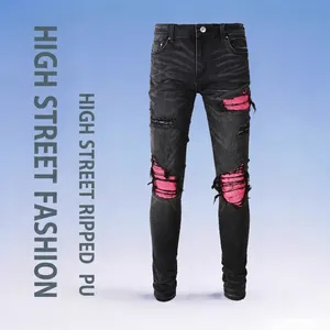 Men's High Street Ripped Slim Fit Jeans Pink PU Patch Distressed Black Denim Pants Punk Aesthetic Streetwear Bottoms