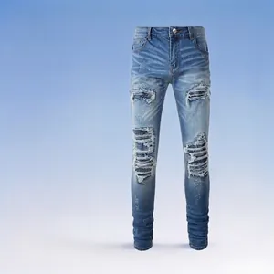Men High Street American Style Slim Fit Ripped Jeans Light Blue Washed Distressed Denim Pants With PU Patches Streetwear