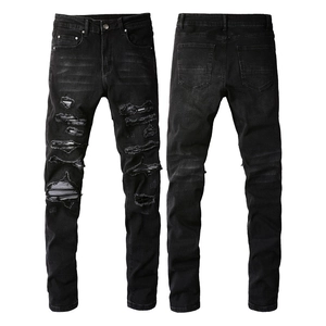 Men Ripped Skinny Jeans Black Distressed Slim Fit Cotton Denim Pants Streetwear Grunge Destroyed Trousers For Adult
