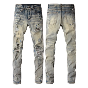 Men High Street Slim Fit Ripped Jeans Distressed Light Blue Paint Splatter Graffiti Patchwork Denim Tapered Pencil Pants