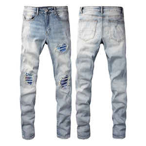 Jean Skinny Homme High Street Patchwork Délavé Pantalon Denim Déchiré Avec Empiècements Rayés Style Streetwear