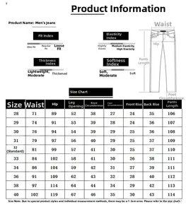 Detailed size chart for men's distressed slim fit stretch denim jeans with measurements