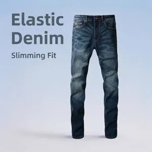 Jeans en Denim Extensible Coupe Slim pour Hommes Délavé Whiskering Bleu Mode High Street Décontracté Pantalon en Denim