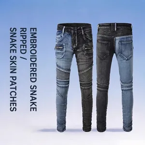 Jeans Biker High Street Pour Hommes Patchwork Couleur Dépareillée Slim Fit Pantalons en Denim Stretch Avec Détails Nervurés