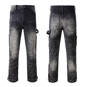 Jean cargo vintage gris foncé pour homme avec denim délavé et design patchwork aux genoux