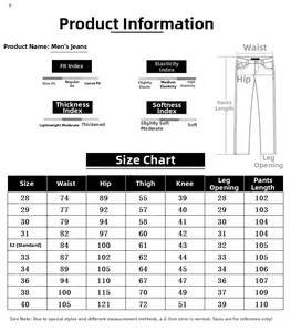 Detailed size chart for American style ripped jeans showing measurements from size 28 to 40