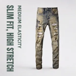 Jeans Homme Retro Coupe Skinny Avec Broderie Serpent Détruit Lavé Haute Élasticité Streetwear Pantalon Denim Crayon Bleu