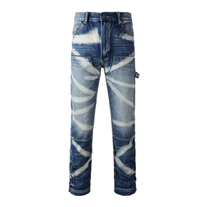 Men High Street Retro Bleached Cargo Jeans Straight Leg Multi Pocket Patchwork Carpenter Denim Pants For Men Streetwear