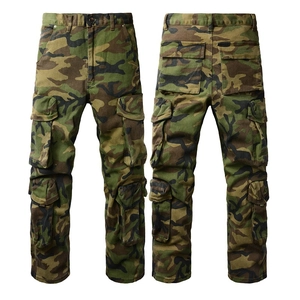 Flat lay view showing both front and back details of men's camouflage cargo trousers