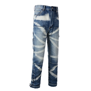 Vintage-style men's straight-leg cargo jeans with unique white spray-painted bleach patterns