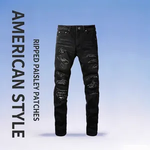 Men Black Slim Fit Ripped Denim Jeans Streetwear Distressed Paisley Patch Hip Hop Tapered Leg Pants Comfortable Denim Bottoms