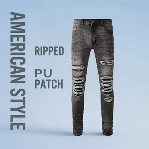 Jeans Troués High Street pour Hommes Avec Patchwork en PU Denim Délavé Détruit Coton Coupe Slim Pantalon pour Mode Streetwear