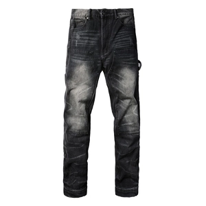 Jean de travail rétro pour homme en denim gris foncé avec coupe droite et effet délavé