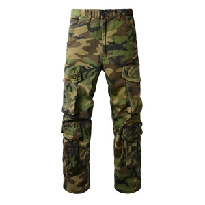 Army green camo cargo pants for men with straight fit and multiple large utility pockets