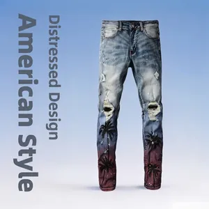 Men Ripped Slim Fit Jeans Cotton Denim Distressed Palm Tree Print Gradient Color Paint Splatter Streetwear Skinny Pants